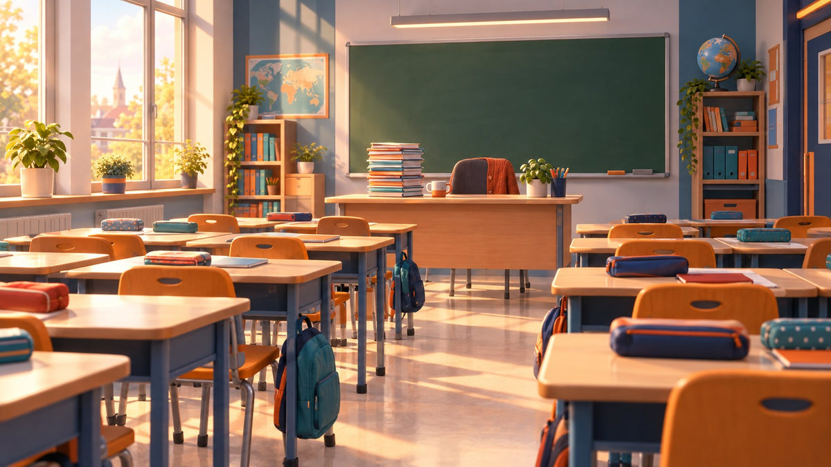 Leeres Klassenzimmer am Morgen mit vielen Schülertischen und einem einzigen Lehrerpult voller Hefte.