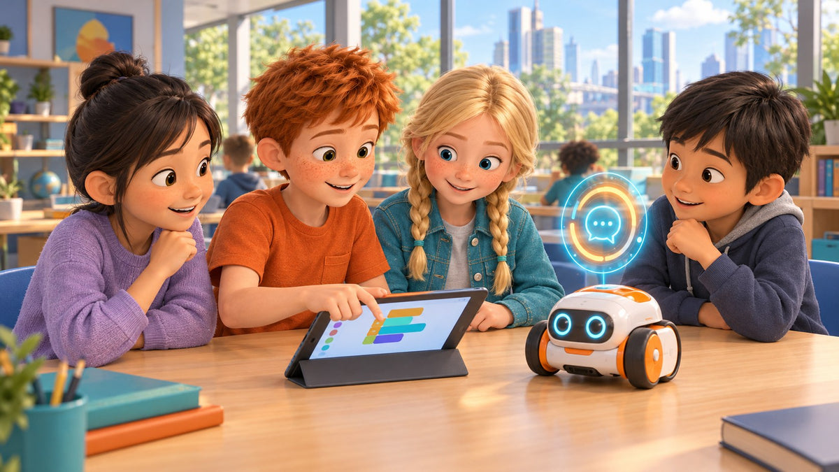 Vier Kinder programmieren im Unterricht einen kleinen Lernroboter auf dem Tablet.