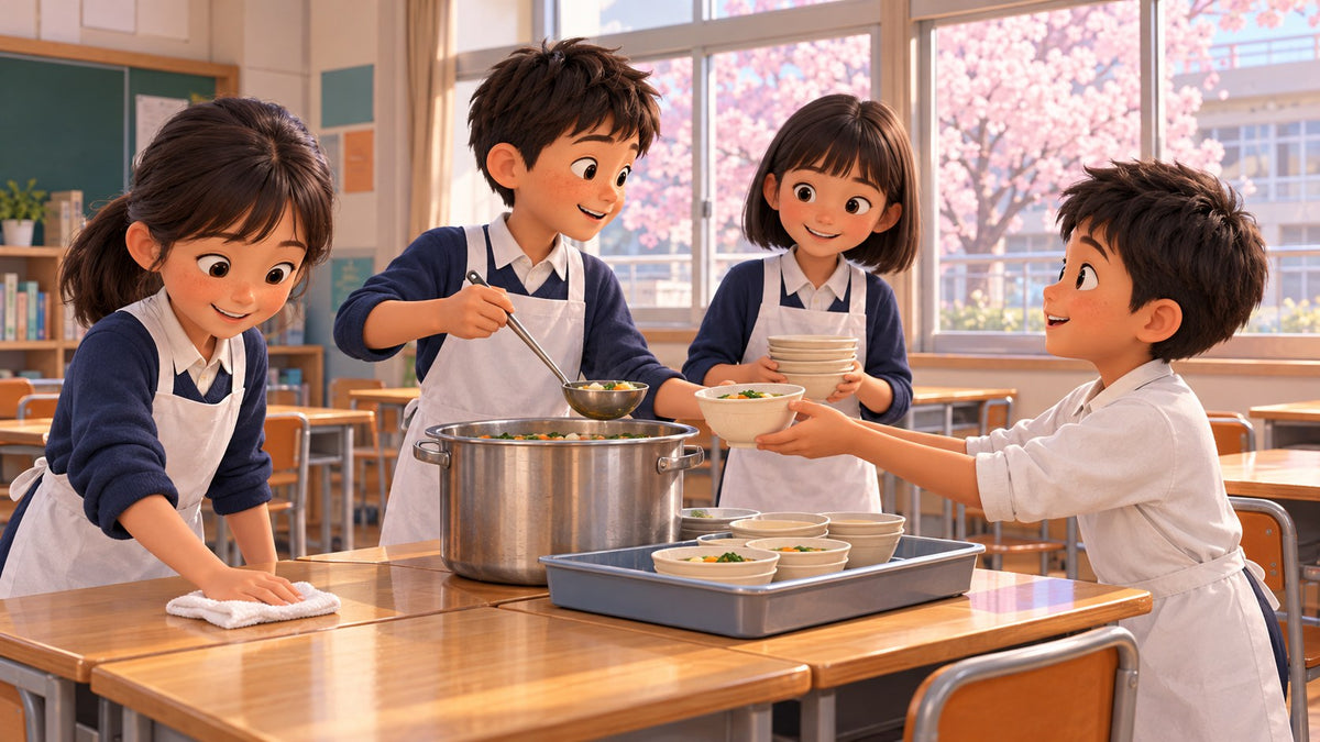 Kinder in Schürzen teilen in einer japanischen Grundschule das Mittagessen aus und wischen die Tische ab.