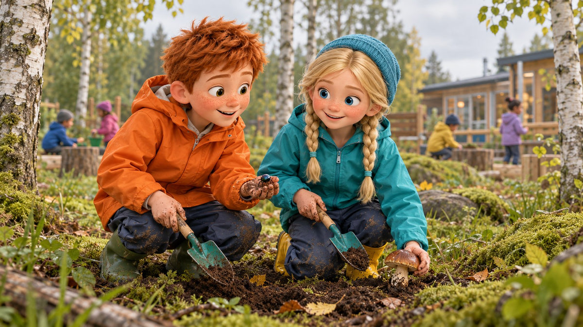 Zwei Kinder in Regenjacken graben in Walderde und finden einen Käfer und einen Pilz. 