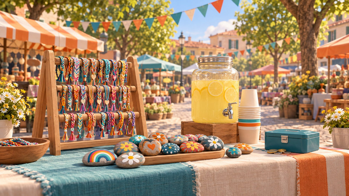 Kinderstand auf dem Flohmarkt mit selbstgemachten Armbändern, bemalten Steinen, Limonade und Geldkassette.