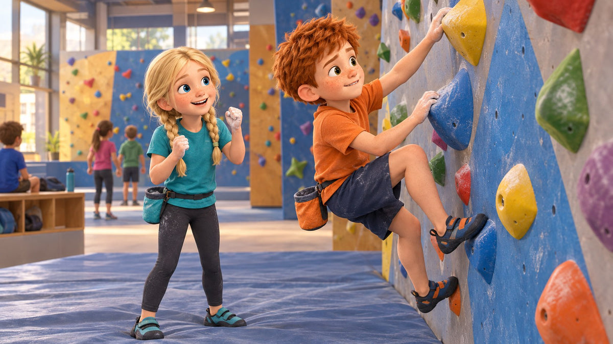 Ein Junge klettert an einer Boulderwand, ein Mädchen feuert ihn von der Matte aus an.