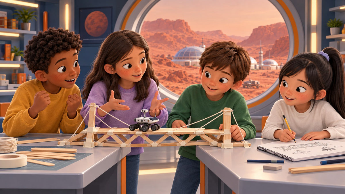 Vier Kinder bauen in einem Lernlabor auf dem Mars eine Modellbrücke und testen sie mit einem Spielzeugrover.