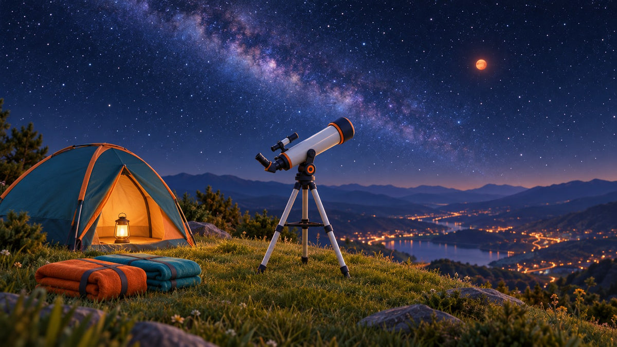 Ein Teleskop auf einem Hügel zeigt in den Sternenhimmel zum Mars, daneben ein Zelt mit Laterne.
